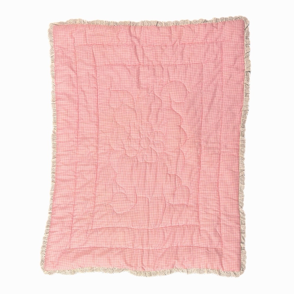 Baby Pink Gingham Shabby Comforter Toddler Crib Tummy Blanket Eyelet Lace